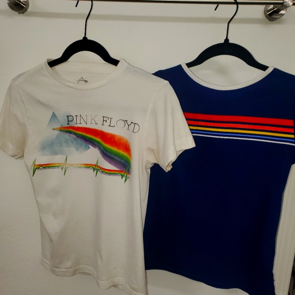 White/cream pink Floyd tee and blue striped  Nowadays tee
